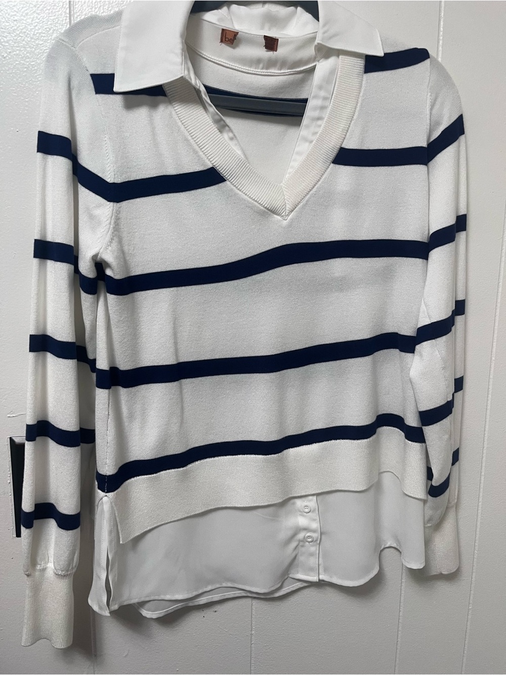 Striped V-Neck Collared Layered Sweater - White & Navy